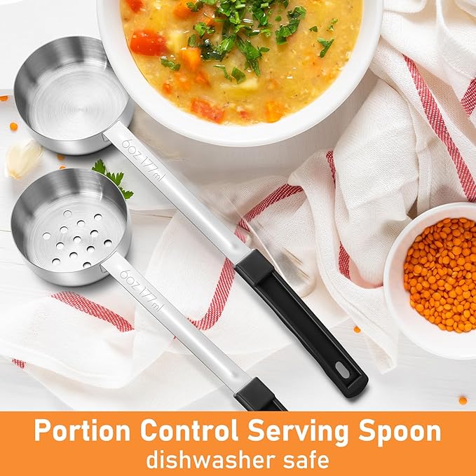 Teenyyou 8 Pcs Portion Control Serving Spoons Portion Scoops Cups Solid and Slotted Stainless Steel Ladle Spoon for Food, Serving Utensils Set for Parties(Black,6 oz)