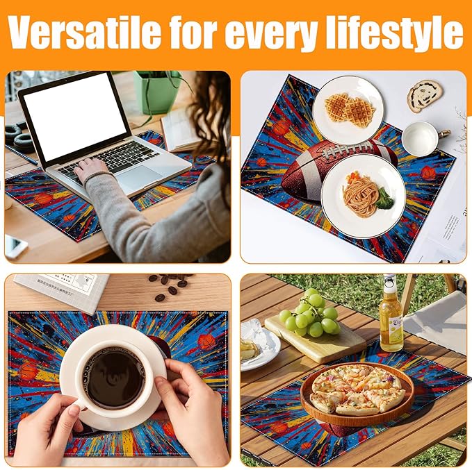 Colorful American Football Placemats Set of 6,12 x 18 Inch Table Mats Washable Heat Resistant Linen Fabric Rectangle Place Mat for Party Home Kitchen Dining