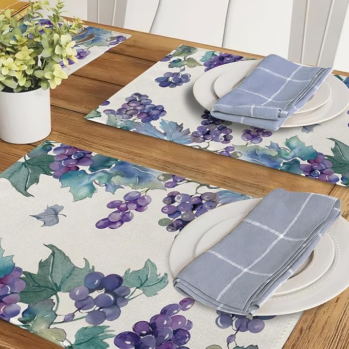 Watercolor Grapes Placemats Set of 4, Spring Summer Sweet Fruit Dining Table Place Mats, Farmhouse Kitchen Decor Home Decoration 12 x 18 Inches