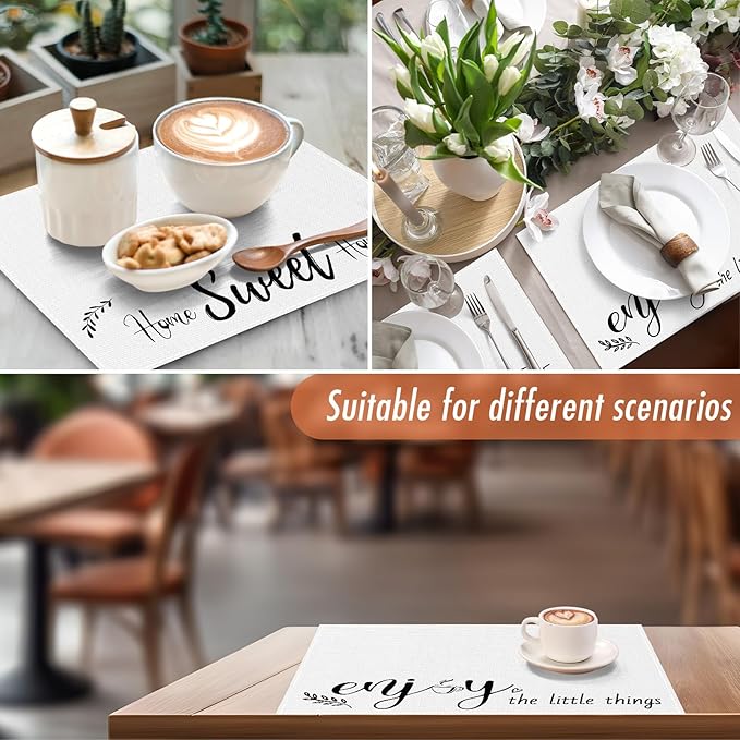 Farmhouse Placemats Set of 6 Linen Placemats 18x12'' Rustic Table Mats with Sayings Housewarming Gifts Country Tablemats Washable Cloth Place Mats for Farmhouse Table Setting(White)