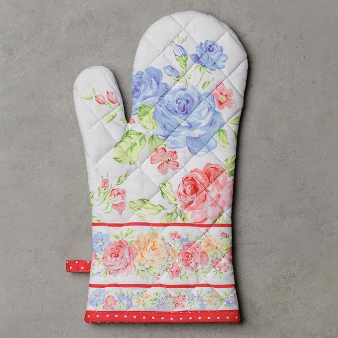Maison d'Hermine Oven Gloves 100% Cotton Oven Mitt 7" x 13" with Loop Heat Resistant BBQ Cooking Gloves Baking Grilling Gifts for Mothers Day Spring/Summer (Pack of 1, Vintage Floral)