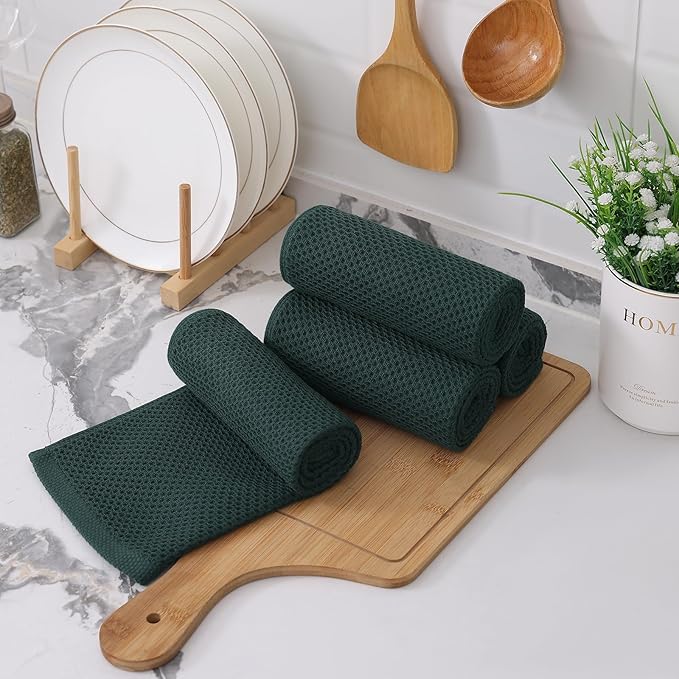 Kitinjoy 100% Cotton Waffle Weave Kitchen Hand Towels (13 X 28 Inches, Blackish Green), 4-Pack Super Soft and Absorbent Dish Towel for Drying Dishes