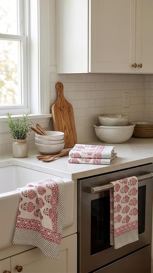 ATOSII 100% Cotton Hand Block Print Waffle Kitchen Towel, Set of 3, 18 x 26 Inches Ultra Absorbent Quick Dry Dish Towels, Lightweight Reusable Sustainable Tea Towels for Cleaning and Drying, Roma Red