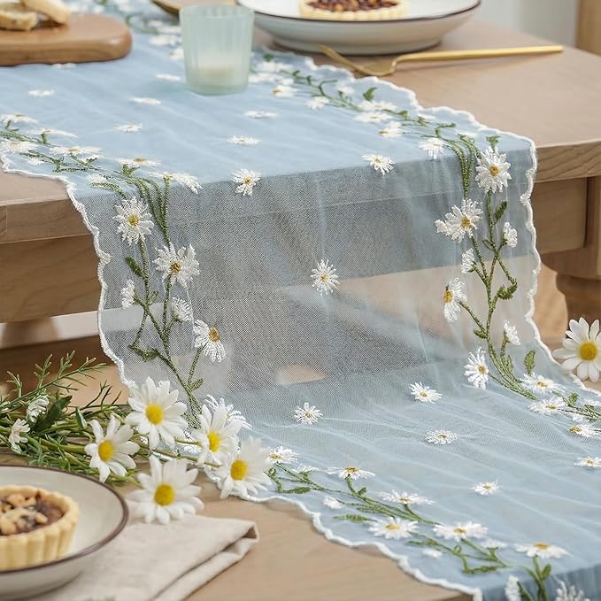Artoid Mode Daisy Floral Sky Blue Shaped Gauze Embroidery Table Runner 120 Inch 10FT, Tulle Spring Summer Kitchen Dining Table Decor for Home Party