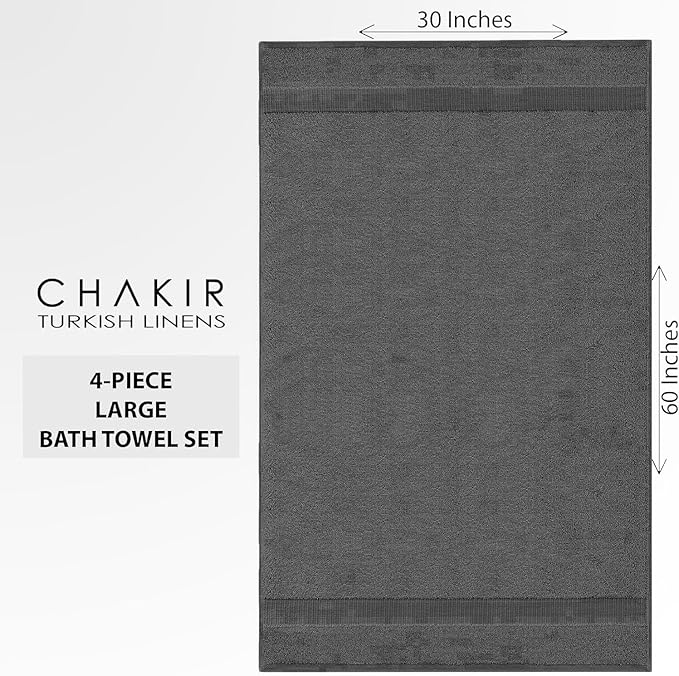 Chakir Turkish Linens 100% Cotton Premium Turkish Towels for Bathroom | 30'' x 60'' Large Bath Towels (4 Piece, Dark Gray)