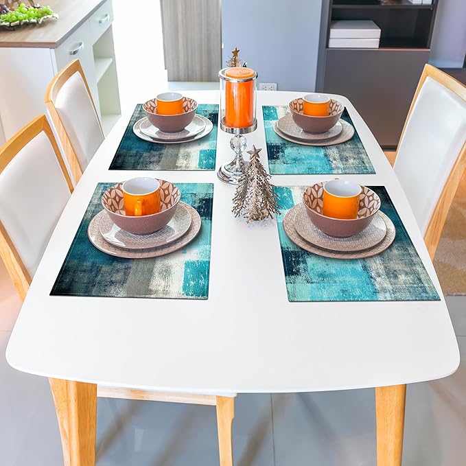 Teal and Gray Placemats Washable, Linen Rectangular Place Mats Set of 4, Dining Table Decor for Living Room, Kitchen, Farmhouse and Outdoor