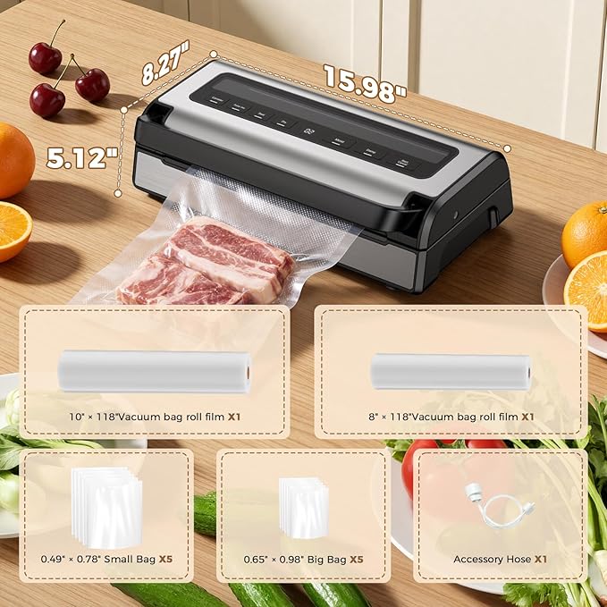 Automatic Food Vacuum Sealer Machine | 180W Kitchen Vacuum Sealer for Dry, Moist & Canister Sealing | Hands-Free Suction Base, Built-in Cutter & Storage | Complete Set with 2 Rolls & 10 Bags