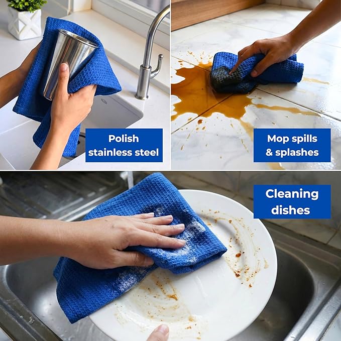 Highly Absorbent Cotton Dish Towels for Drying - Set of 6 Royal Blue Kitchen Towels - 18"X28" Lint Free Waffle Weave Cloth Linen Hand Bathroom Bulk Dishtowels