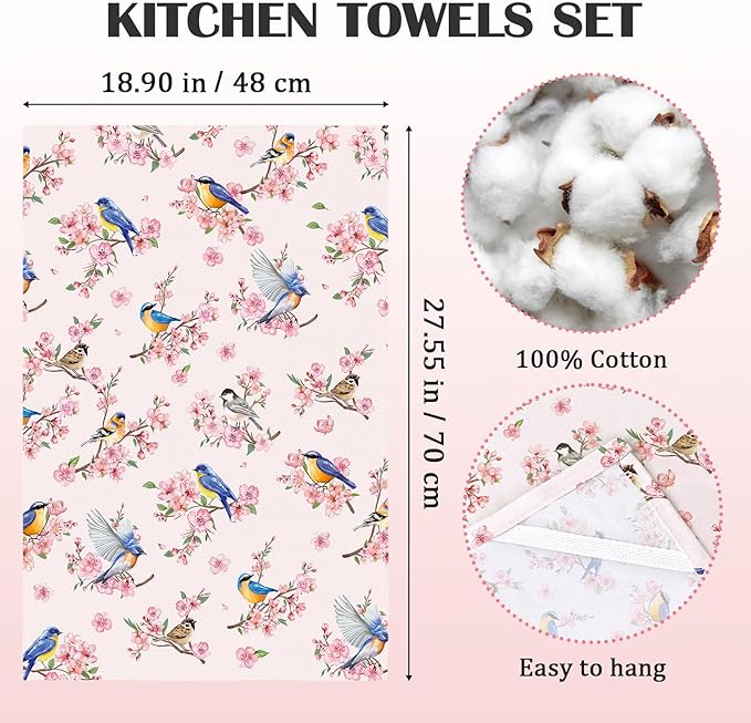 Pink Flower Blossom Tea Towels 100% Cotton Quick Dry Kitchen Towels, 18.9 x 27.5'' Absorbent Dish Cloth for Kitchen Home Decor, Housewarming, Birthday Gifts for Mom, Set of 4