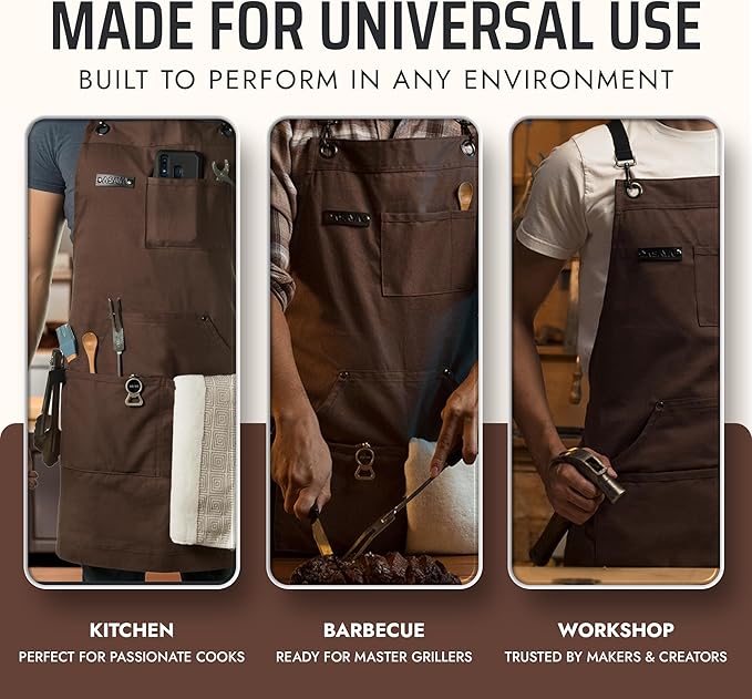 Asaya Chef and BBQ Apron with Bottle Opener and Hand Towel - 10oz Cotton Canvas, Stainless Steel Hardware - Cross Back Straps