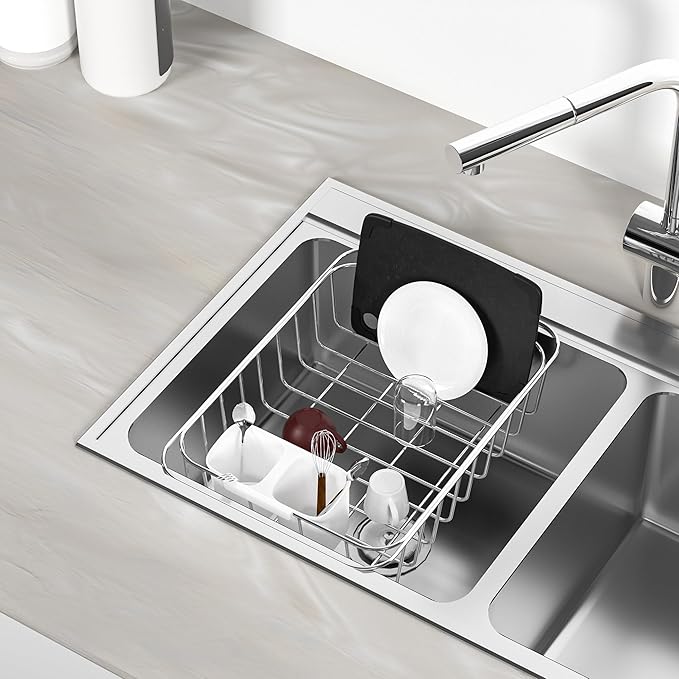 SANNO Dish Rack Utensil Holder, Hanging Cutlery Drainer Caddy with Hooks, 2 Compartment Flatware Organizer for Forks, Spoons, Knives, Fits Over Most Dish Drying Racks, White