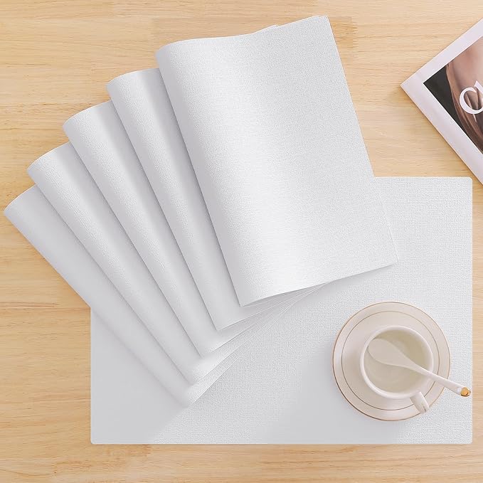 Homaxy Faux Leather Heat Resistant Placemats for Dining Table Set of 6, Waterproof Wipeable Washable PU Table Mats, Easy to Clean Anti-Slip Place Mats, 11.8 x 17 Inch, White