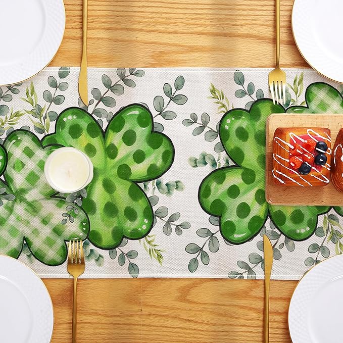 ONFAON St Patrick's Day Table Runner Decorations Shamrock Eucalyptus Heart Seasonal Spring Kitchen Dining Table Decoration for Home Party Decor 13x72 Inch