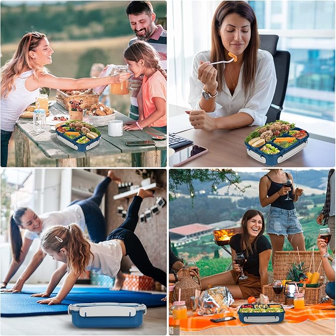 Yumuk Bento Box, Lunch Box Kids, 1300ML Adult with 4 Compartment &Food Picks &Cake Cups, Containers for Adults/Kids/Toddler, Leak-Proof, Microwave/Dishwasher/Freezer Safe(Blue)
