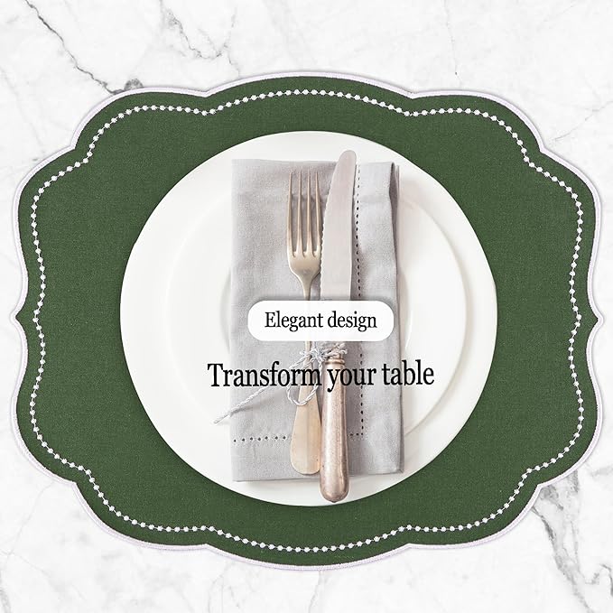 Cotton Linen Placemats Set of 4 - Double Layered, Luxury Scalloped Embroidered Cloth Table mats - Holidays, Christmas, Washable Mat, 16 x 13 inch (Green)
