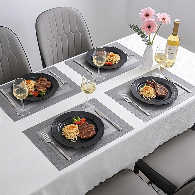 Timeet Gray Placemats Set of 6, Heat Resistant Non-Slip Place Mats, Durable Washable PVC Vinyl Woven Table Mats, Wipeable Placemats for Dining Table Easy to Clean