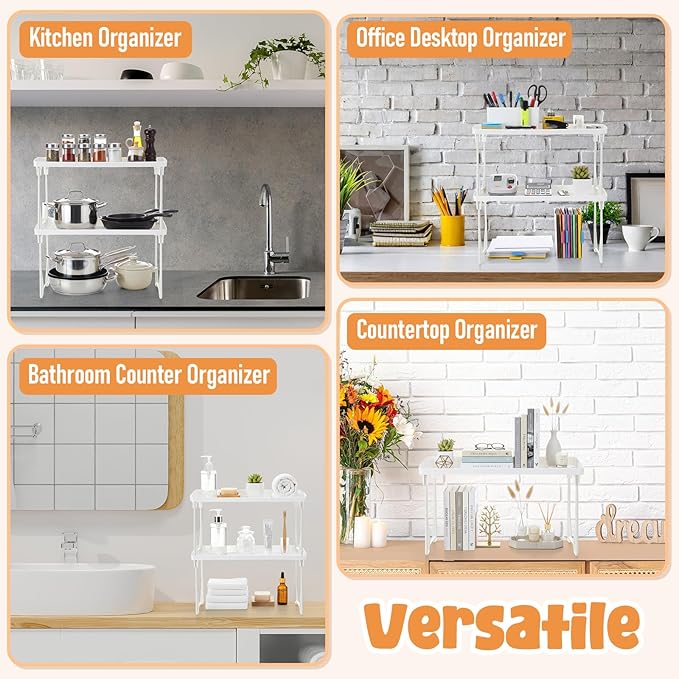 12 Pack White Stackable Plastic Kitchen Storage Shelf Foldable Racks, Pantry Shelf Cabinet Organizers, Expandable Storage Rack for Cabinet Fridge Bathroom (Plastic)