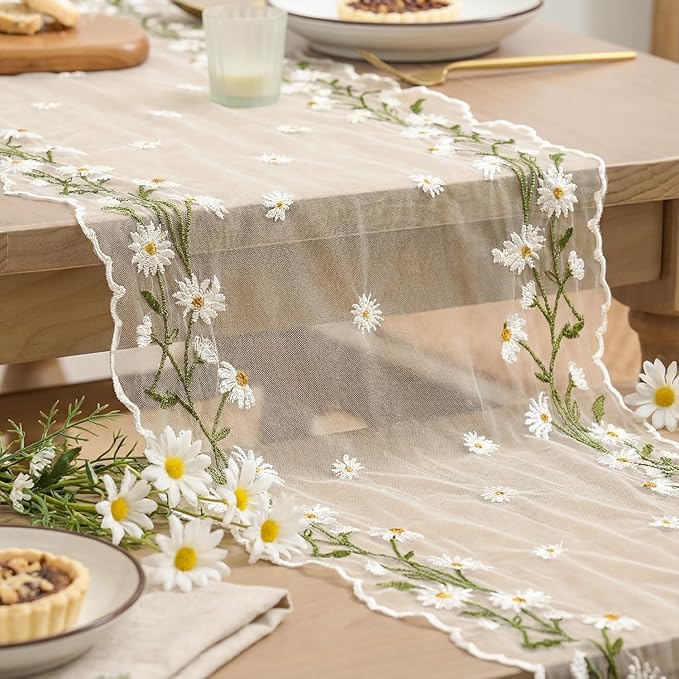 Artoid Mode Daisy Floral Beige Apricot Shaped Gauze Embroidery Table Runner 120 Inch 10FT, Tulle Spring Summer Kitchen Dining Table Decor for Home Party