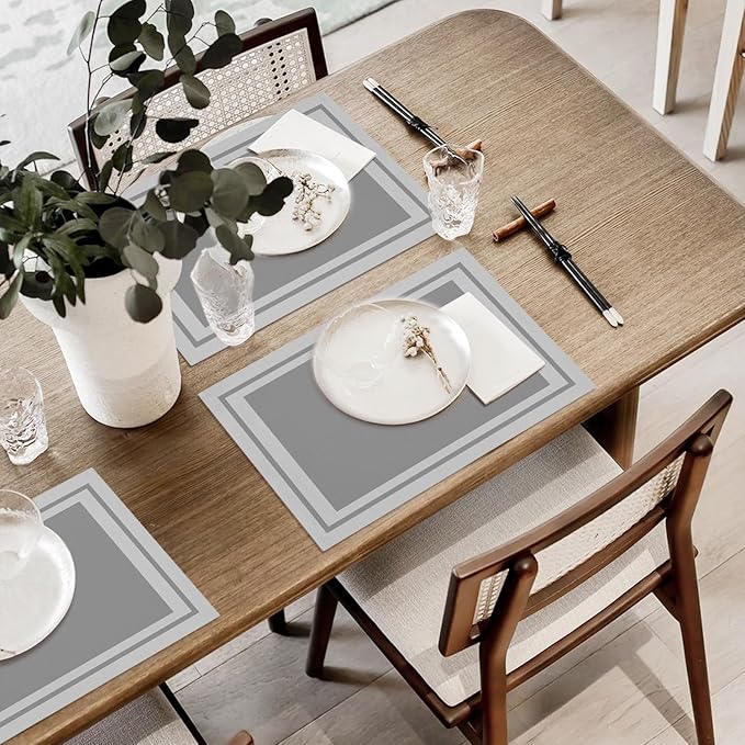 Gray Cotton Linen Placemats Set of 4, 12x18 Table Mat for Family Dinners Wedding Parties Restaurant Kitchen Decoration, Waterproof Washable Heat Resistant Place Mats -a22