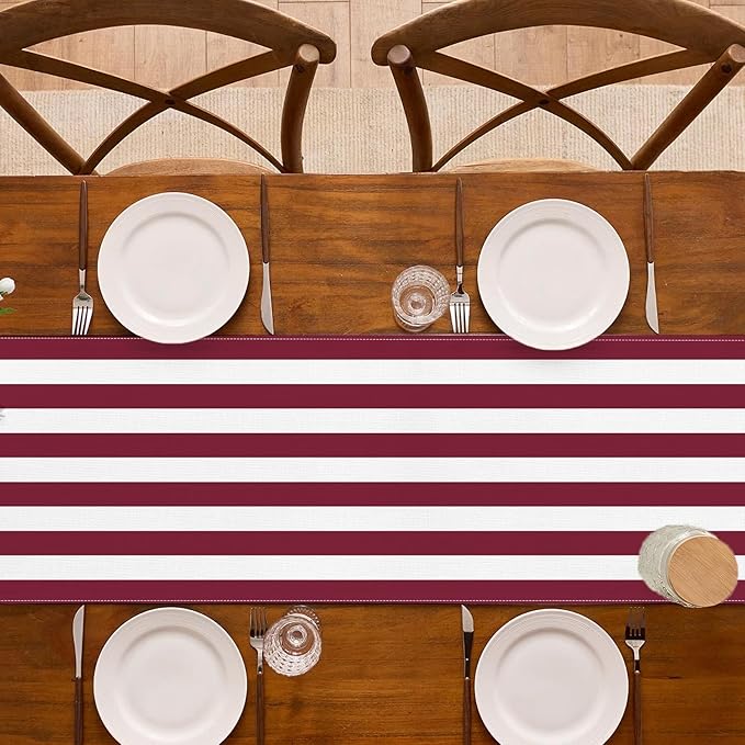 Burgundy and White Striped Table Runner Vintage Dark Wine Red Wedding Bridal Shower Party Decoration Christmas Dining Room Home Kitchen Table Decor (Burgundy, 13" x 72")