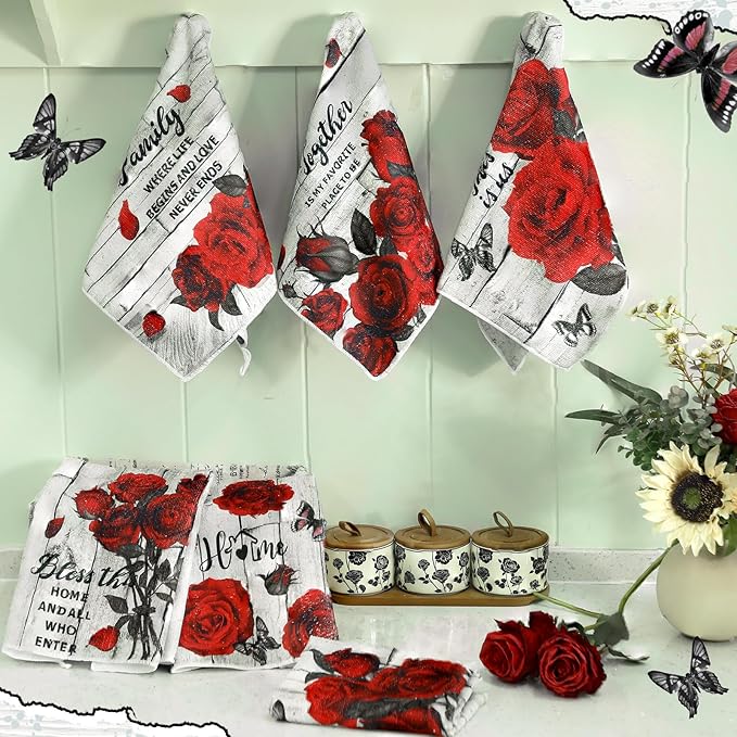 Breling Set of 6 Valentine's Day Red Rose Kitchen Towels Vintage Flowers Dish Towel Romantic Floral Decorative Hand Cloths for Valentine Kitchen Bathroom Decoration Housewarming Gifts, 14 x 21 Inch