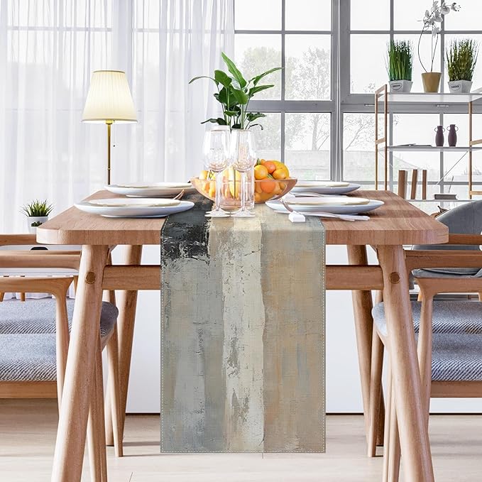 Emvency Farmhouse Rustic Table Runner, Beige and Grey Abstract Oil Painting for Kitchen Coffee Table Family Dinners Holiday Parties Wedding Events Decor(13x72 inch)