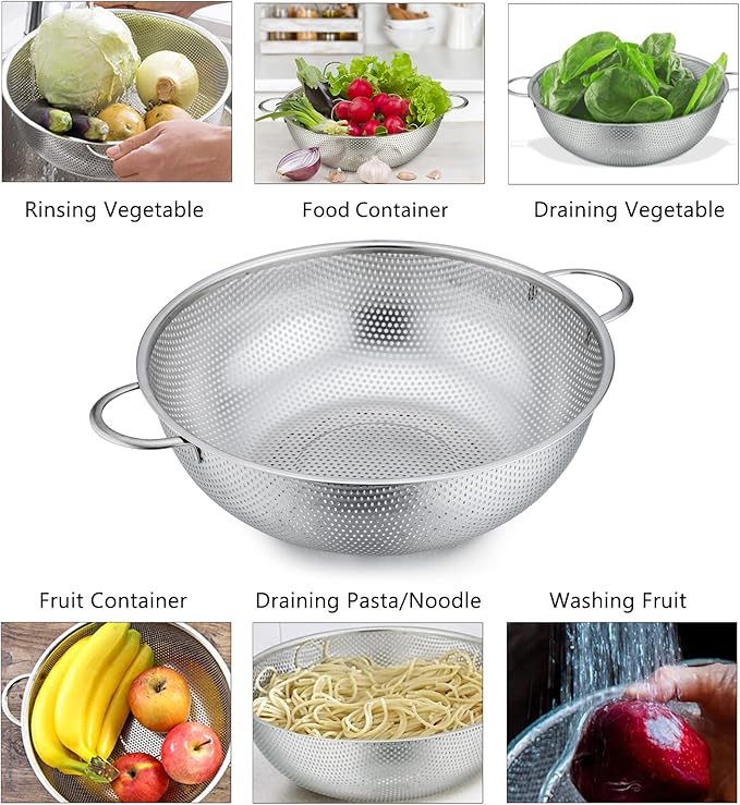 P&P CHEF Stainless Steel Colander, Micro-Perforated Food Strainer with Handle for Washing Draining, Great for Pasta Fruits Vegetables, Dishwasher Safe & Healthy, 5 Qt, 1Pc