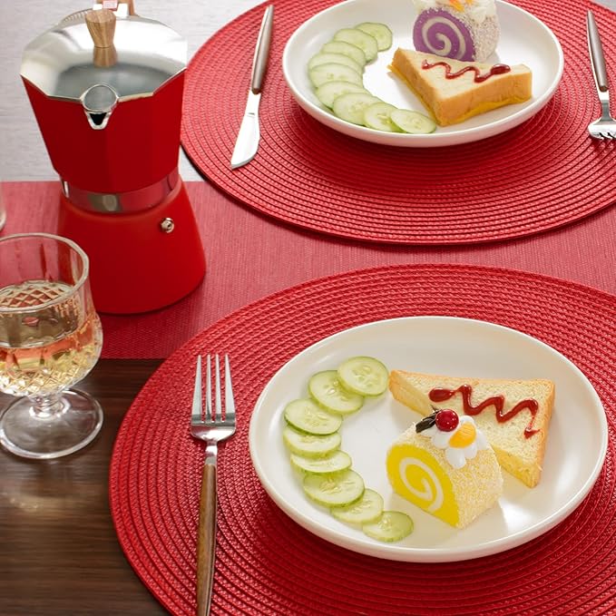 FunWheat Round Braided Placemats Set of 4 Table Mats for Dining Tables Woven Washable Non-Slip Place mats 15inch (Red, 4pcs)