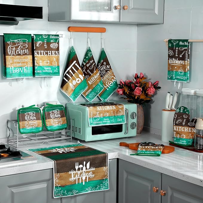 12 Pcs Farmhouse Kitchen Decor Sets 4 Teal Green Kitchen Towels 4 Teal Absorbent Dishcloths 2 Rustic Pot Holders 2 Oven Mitts Gloves for Home Decorations Mom Gifts