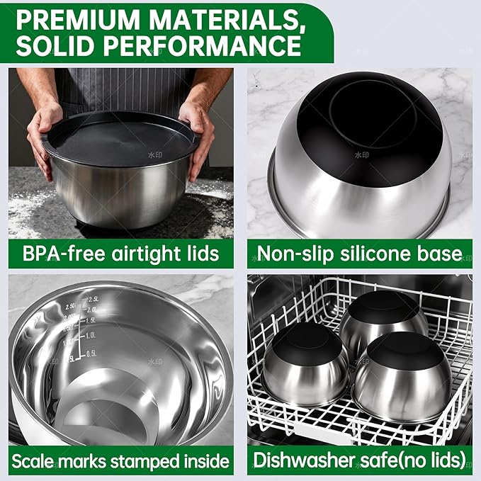 Deedro Premium Mixing Bowls with Airtight Lids Set, 22Pcs Thicker Stainless Steel Mixing Bowl Set, Large Prep Metal Bowls, Non-Slip Silicone Base Nesting Bowls for Kitchen, 1.5/2/3/4/5 QT, Black
