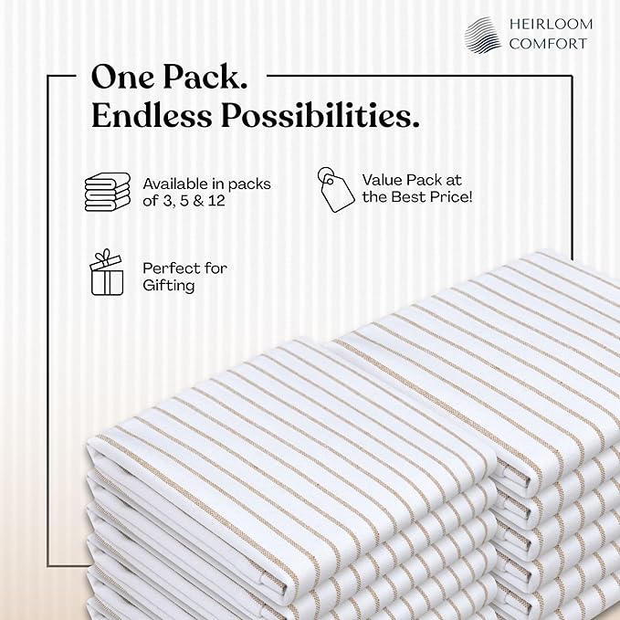 Beige Stripe Kitchen Towels, 5 Pack, 100% Cotton, Super Absorbent and Quick Dry, Classic Striped Towel Set, Durable Dish Cloths for Kitchen Use, Cleaning & Drying Dishes
