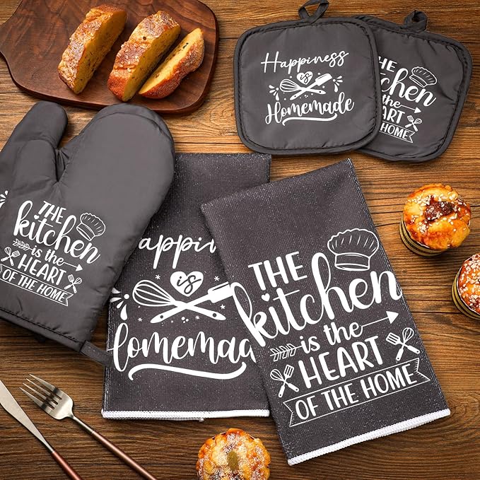 Sratte 6 Pcs Kitchen Decor Accessories Set Farmhouse Towels Pot Holders Oven Mitts Set 2 Dish Towels 2 Potholders 2 Cooking Mittens Oven Glove for Christmas Baking Cooking Supply(Dark Gray,Kitchen)
