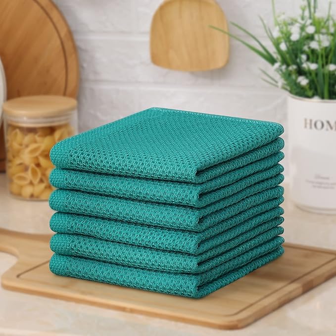 Kitinjoy 100% Cotton Kitchen Dish Cloths (12 X 12 Inches, Teal), 6 Pack Waffle Weave Ultra Soft Absorbent Dish Towels for Drying Dishes Quick Drying Kitchen Towels Dish Rags
