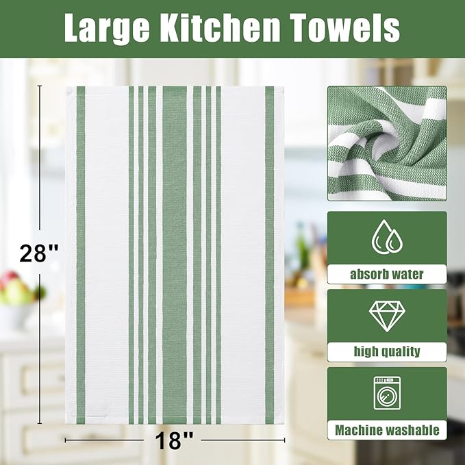 Homaxy Premium Kitchen Towels 18”x 28”, Large Cotton 380 GSM Kitchen Hand Towels, Stripe and Terry Dish Towel, Highly Absorbent Tea Towel Set with Hanging Loop, 8 Pack, Grass Green