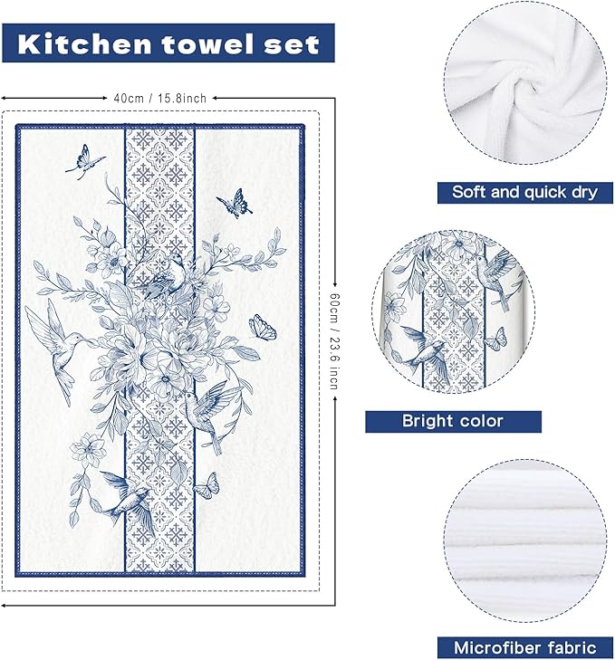 Vintage Bird Floral Microfiber Kitchen Towels, Soft Absorbent Hand Towel 15.7 × 23.6 inch, Thick Dish Cloth for Party Anniversary Holiday Decoration, Housewarming Gifts for Mom