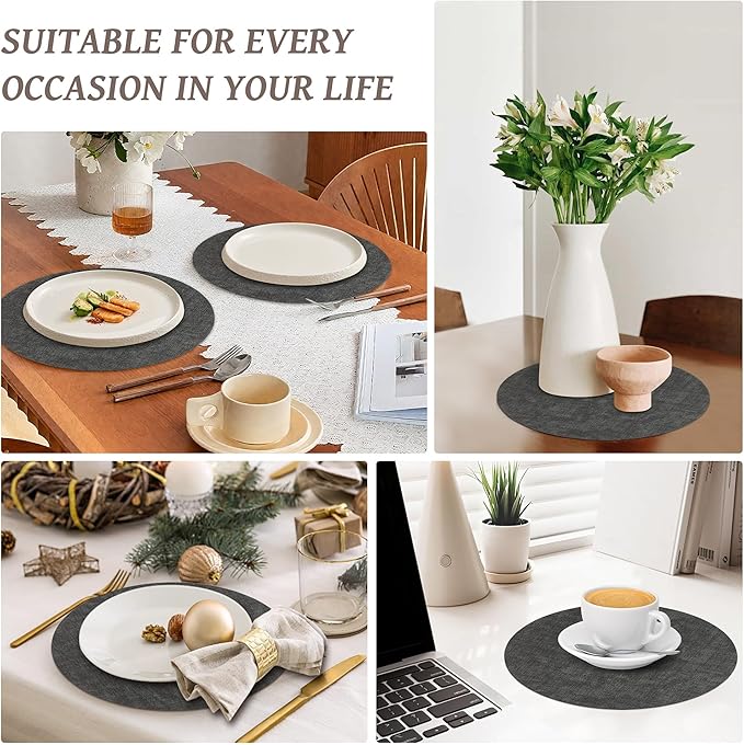 13"Round Placemats Set of 8, Reversible Faux Leather Heat Resistant Table Mats, 100% Waterproof Oilproof Wipeable Table Protective Placemats for Vinyl, Washable for Indoor & Outdoor Use (8, Deep Gray)
