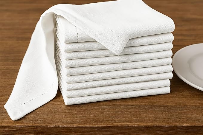 Ramanta Home Hemstitched Dinner Napkins Set of 12 -White, 18x18 Inch- Premium Textured Cotton Soft Cloth Napkins- Use Reusable Slub Fabric Table Napkins for Everyday Dining, Weddings, Spring & Easter