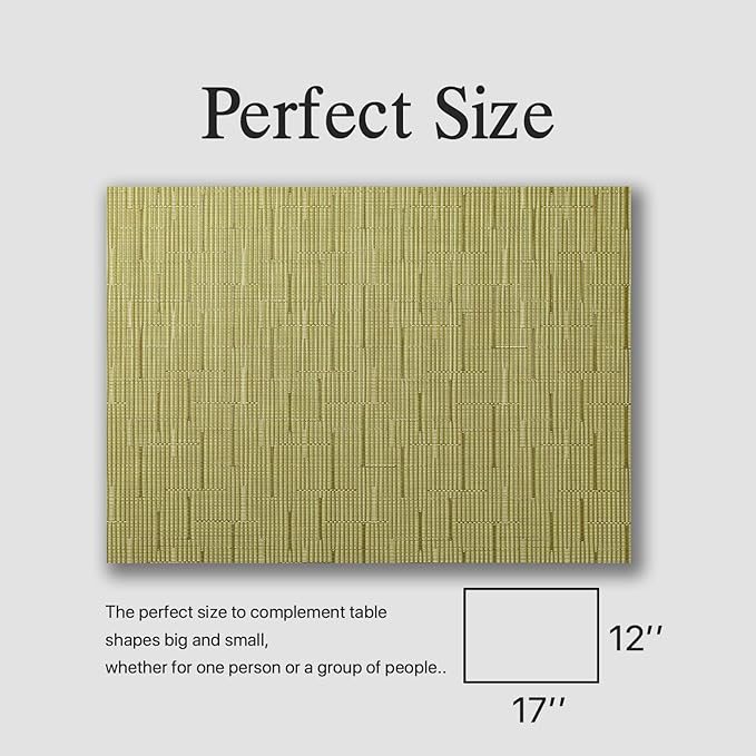 Placemats Set of 12 - Easy Clean Woven Vinyl Placemats for Dining Table, Indoor/Outdoor Place Mats, Washable PVC Table Mats (Pea Green)