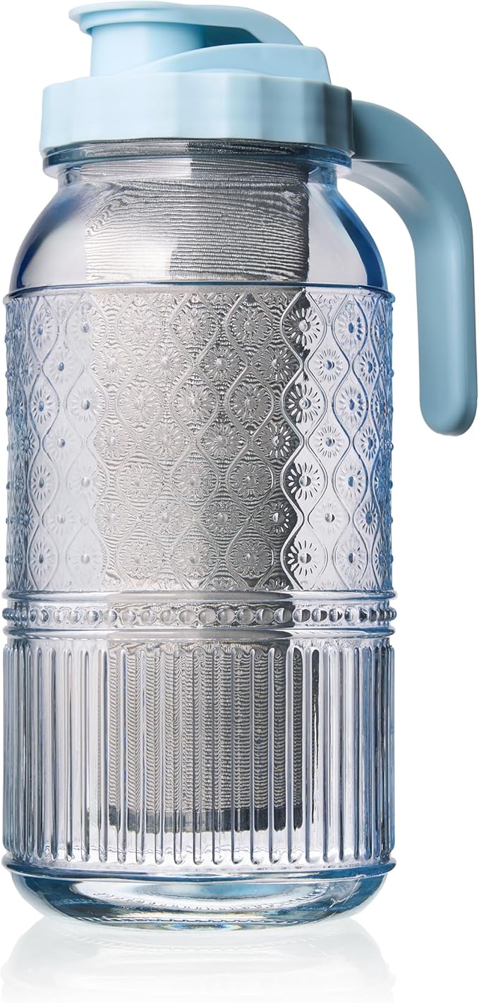 Cold Brew Coffee Maker 64 oz – Airtight Glass Mason Jar Pitcher Brewer with Leak-Proof Lid & Handle, Wide Mouth Iced Coffee Maker, Vintage Kitchen Decor - Blue