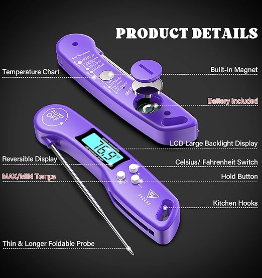 DOQAUS Digital Meat Thermometer, Instant Read Food Thermometer for Cooking with Backlit & Auto-Rotating Display, 4.6” Probe for Grilling, Baking, and Perfect BBQ - Purple