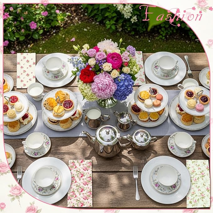 Floral Cloth Napkins 6 Patterns Washable Dinner Tea Party Napkins Reusable Plant Flowers Square Napkin Cotton Towel Decorative for Spring Wildflower Party(Pink Rose,12 Pcs)