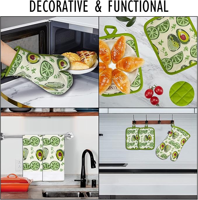 Oven Mitts and Potholders Dish Towles Set 100% Cotton for Perfect for Gifting, Baking and Everyday Cooking Durable Heat Resistant for Kitchen (5-Piece Lemon Avocado)