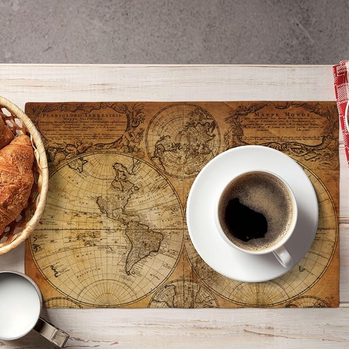 Vintage World Map Placemats Set of 4 Old Paper Linen Washable Retro Style Placemat Kitchen Dining Heat-Resistant Nostalgic Historical Place Mats Desktop Decor Table Mats 12x18 Inch