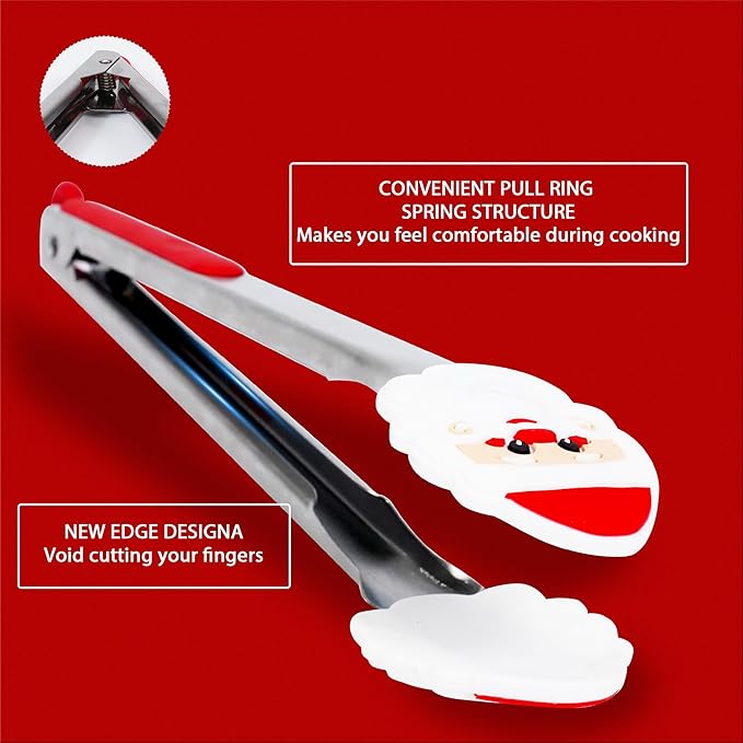 Kitchen Tongs, Premium Stainless Steel, Food-Grade Silicone Tips with Christmas Design, Heat Resistant 500ºF, 2-Piece Set (9'' and 12'')