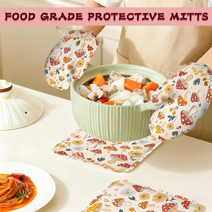 Retro Mushroom Daisy Flowers Silicone Oven Mitts and Pot Holders,Heat-Resistant 4 Piece Kitchen Set Non-Slip Oven Gloves and Hot Pads for Cooking, Baking, Grilling,BBQ