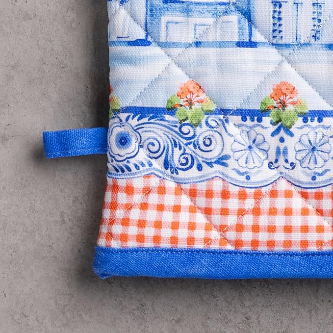 Maison d' Hermine 100% Cotton Oven Mitt & Pot Holder Set (7.5"x13" & 8"x8") Heat Resistant Cooking Gloves with Loop Baking Grilling Kitchen Gifts for Mothers Day Spring/Summer (Amsterdam Canals)