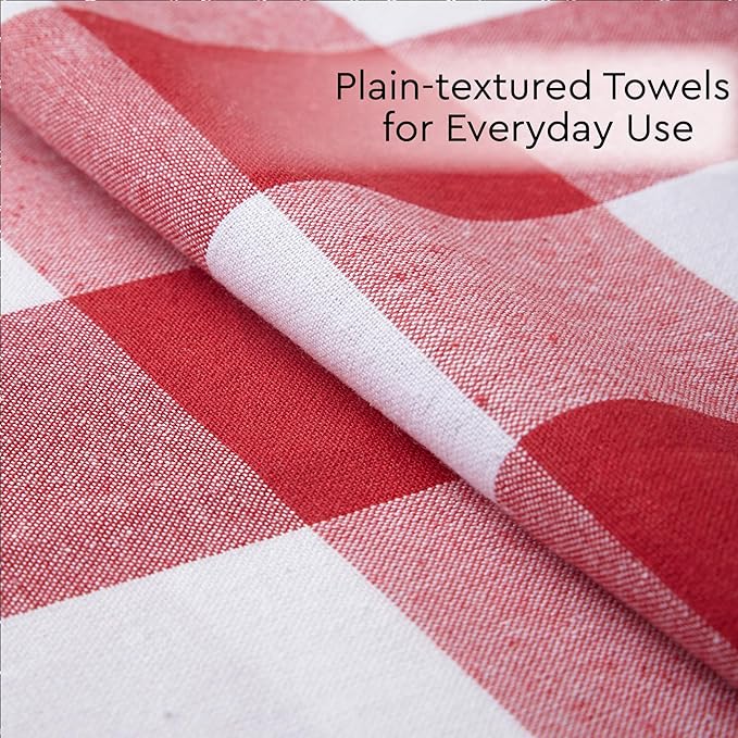 Encasa XO Cotton Kitchen Towel Set | Hand and Tea Cloth for Cleaning & Quick Drying, X-Large 28"x18" (Pack of 4) Highly Absorbent - Buffalo Red Checks