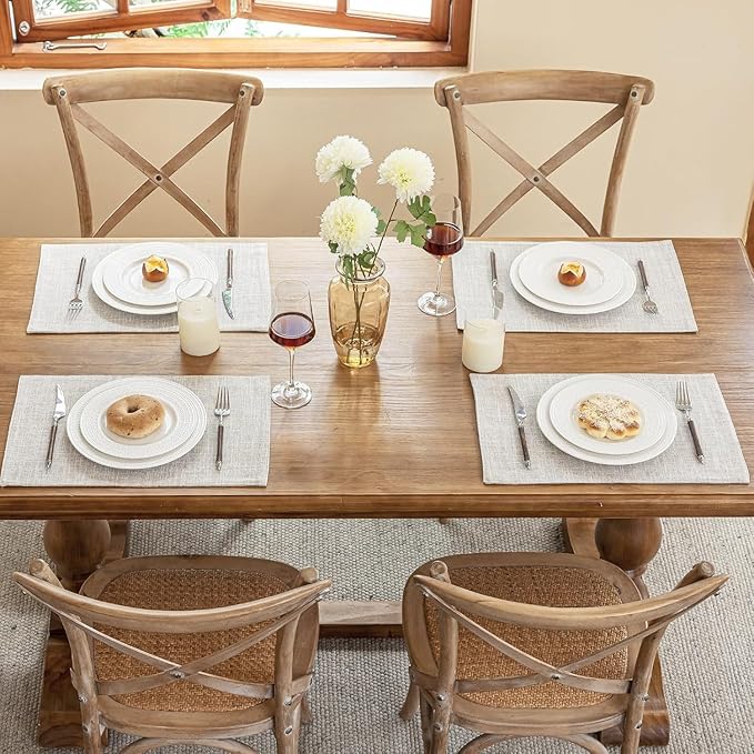 Blue Forest Placemats Set of 6, Dual-Layered Thickened Faux Linen Cloth Place Mats Heat Resistant Machine Washable Wrinkle Free Table Mats Indoor/Outdoor (Cream Beige)