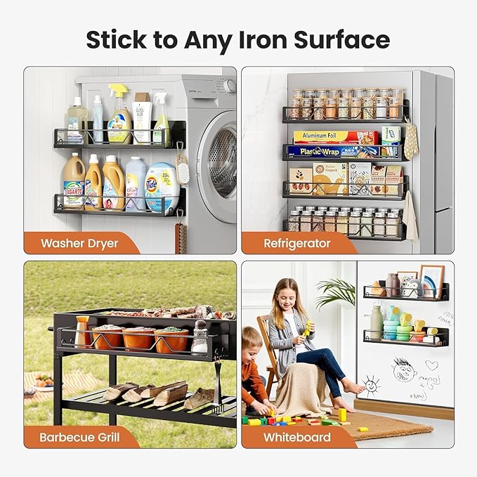 Mystozer 16.9 Inch Wide Large Capacity Magnetic Spice Rack for Refrigerator,5 Pack Metal Fridge Shelf Magnetic Spice Rack Kitchen Storage Refrigerator Organizers and Storage Spice Shelf (Black)