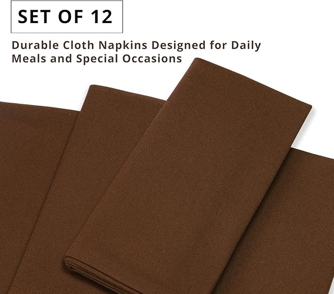 PurpleEssences Set of 12 Cloth Dinner Napkins 100% Cotton 18x18 Inch - Soft Durable Washable - Ideal for Farmhouse Party Spring Easter Summer - Perfect Everyday Use Table Linen - Nut Brown